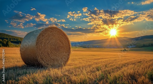 Golden Sunset Over a Tranquil Field With Hay Bales in the Countryside.