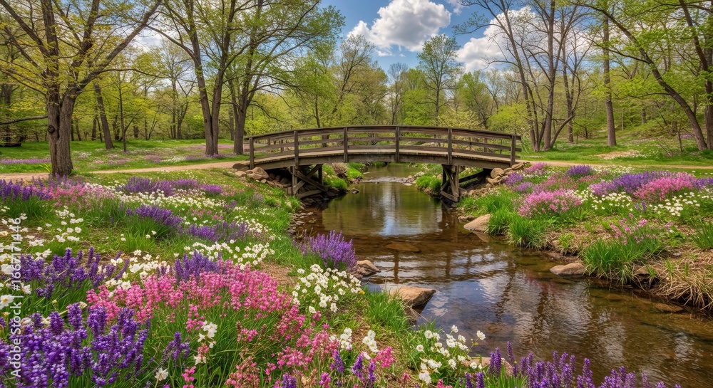 Fototapeta premium A stream flows under a bridge flanked by colorful flowers and trees in a park