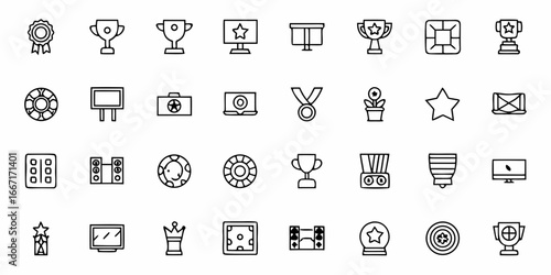 Celebrate achievements and success with these striking icons representing trophies, medals, stars, and awards, perfect for conveying victory and recognition in any project.