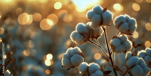 Cotton Plants Blooming in a Golden Sunset Field.