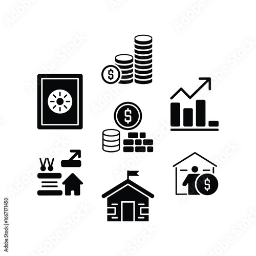 Collection of financial and real estate icons representing investment and growth