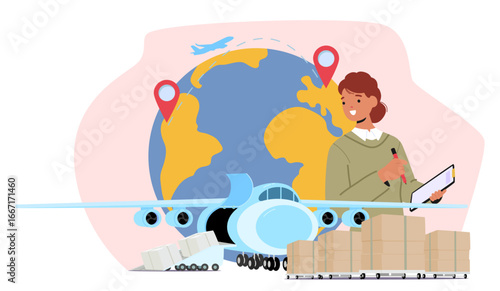 Woman logistician checking warehouse and cargo delivery service provided by aircraft transport