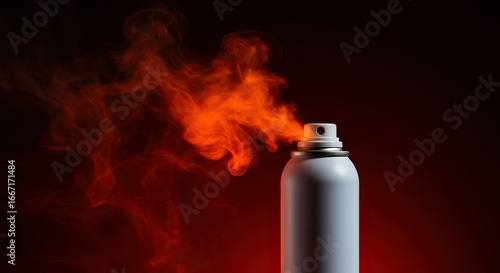 A white spray can expels red smoke on a dark background