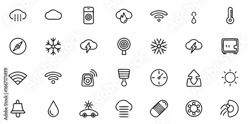 Modern weather and technology icon set with diverse symbols for digital interfaces, UI design, and smart home applications