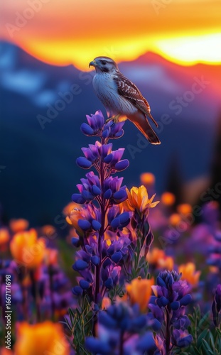 Bird Perched on Colorful Flowers During Sunset in a Picturesque Mountain Land...