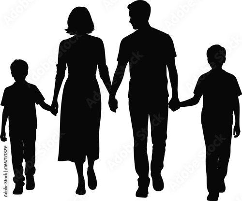 Flat vector illustration of family holding hands, parents with two children silhouettes walking together, love, care, unity, bonding, parenting, happy moments, family lifestyle