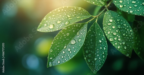 Dew Droplets Shimmer on Vibrant Green Leaves in a Tranquil Forest Setting Dur...