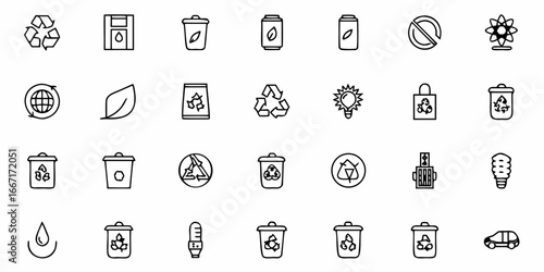 Eco-friendly icon set for sustainable design, green energy, and recycling concepts, promoting environmental awareness and conservation efforts