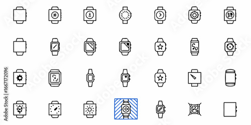 Collection of modern smartwatch icons showcasing various designs and features for technology and wearable design projects