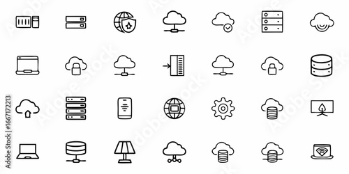 Modern cloud computing icons, illustrating data storage, network security, and technology solutions for digital innovation and business.