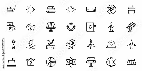 Modern eco-friendly energy icons representing sustainability with solar panels, wind turbines, and renewable power sources for a green future.