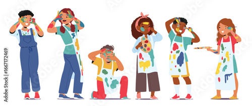 Cute happy children artists cartoon characters wearing clothes in paints colorful spots isolated set