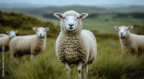 Flock of Sheep Grazing in a Lush Green Meadow During Overcast Day in the Coun...