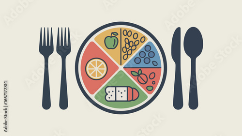 Illustration of a plate divided into sections with fruits grains protein and vegetables with cutlery