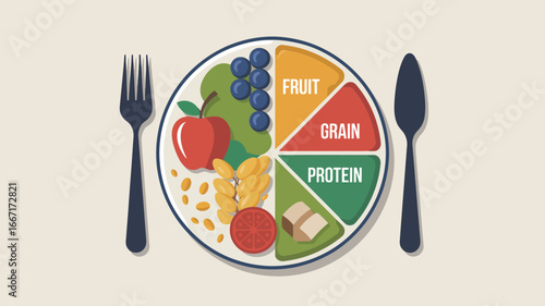 A plate divided into sections with fruits grains and protein next to a fork and spoon on a light background