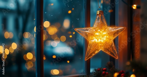 Star-shaped Holiday Ornament With Warm Lights Hanging Near Window During Even...