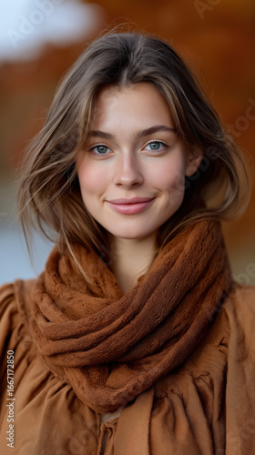 Smiling woman in brown blouse with scarf standing outdoors in autumn park