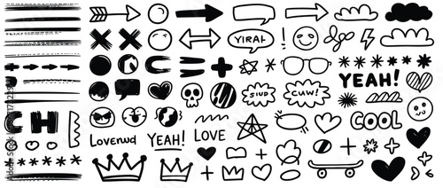 Fun Hand Drawn Doodle Vector Collection with Arrows Hearts Speech Bubbles and Graphic Elements for Creative Designs and Illustrations