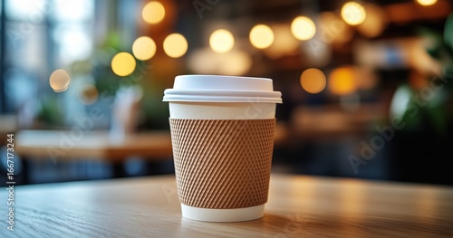 Warm Coffee Cup on Wooden Table in Bustling Cafe With Soft Ambient Lighting i...