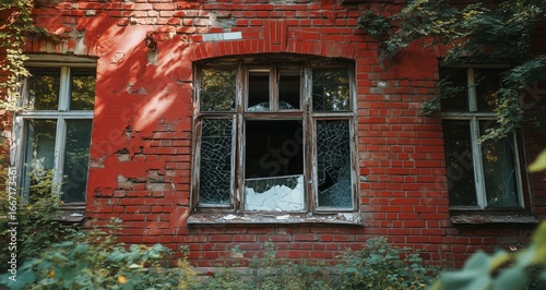 Abandoned Brick Building With Cracked Windows Surrounded by Overgrown Foliage...