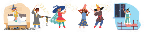 Cute little children diverse cartoon characters wearing wizard and witch costume isolated set