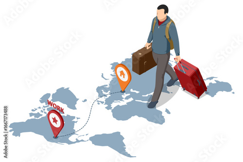 Isometric illustration of male worker migration. Man with luggage walking across world map from home to work destination. Concept of job relocation, labor migration and international employment.