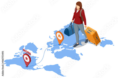 Isometric illustration of female worker migration. Woman with luggage walking across world map from home to work destination. Concept of job relocation, labor migration and international employment.