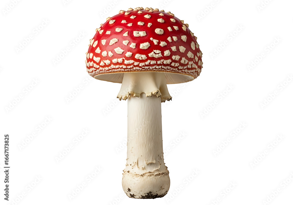Obraz premium A single, vibrant red mushroom with white speckled cap stands out against a stark black background.