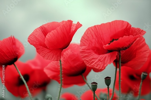 Vibrant Red Poppies Blooming in a Serene Landscape Create a Stunning Visual D...