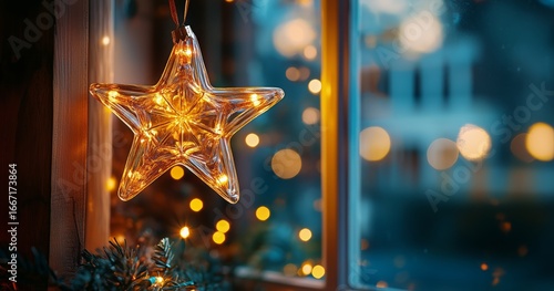 Star Shaped Ornament Illuminated by Warm Lights Against a Softly Blurred Wint...