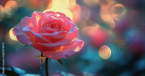 Beautiful Pink Rose Glows Softly Among Colorful Background Lights at Twilight