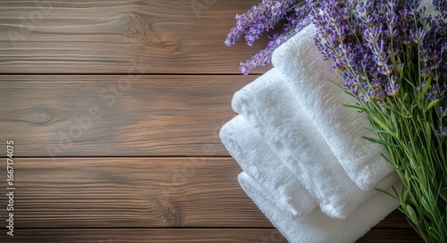 Freshly Folded White Towels Beside Blooming Lavender on a Wooden Surface for ...