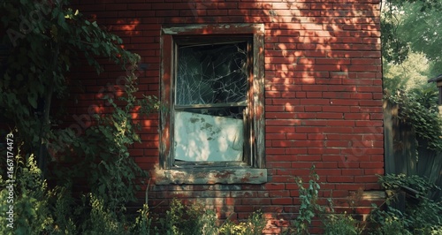 Abandoned Brick Building With Cracked Windows Surrounded by Overgrown Foliage...