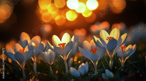 Beautiful White Crocus Flowers Bloom in the Sunset Glowing With Golden Light ...