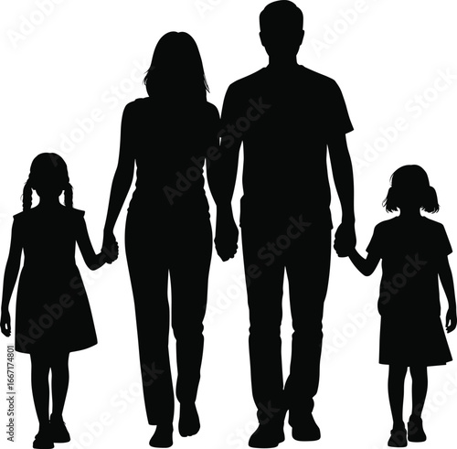 Flat vector illustration of family walking together holding hands, parents with daughters, silhouette of happy family, love, unity, care, bonding
