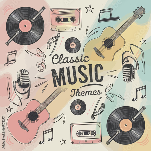 2d vector illustration art Retro music guitar with symbol and rock music with colorful background, Summer t shirt 
