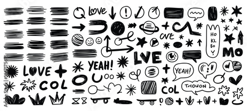 Hand Drawn Doodle Design Elements Set with Sketchy Arrows Stars Speech Bubbles and Words for Creative Projects and Illustrations