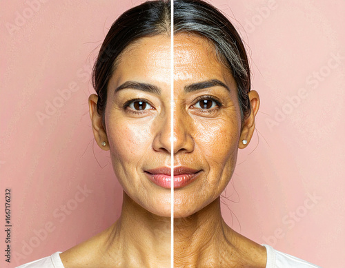 la cara de una mujer mitad en edad joven con piel cuidad y mitad de mayor edad con síntomas de envejecimiento y una vida pasada