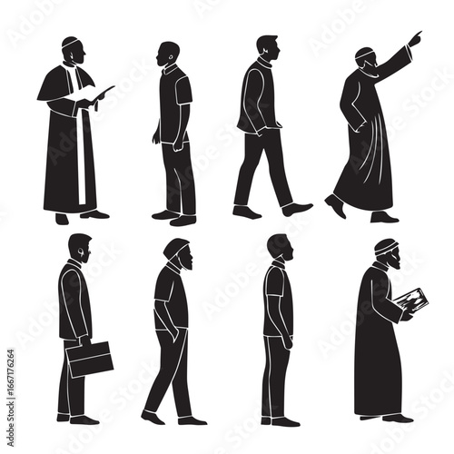 Silhouettes of diverse men in various professions isolated on white background