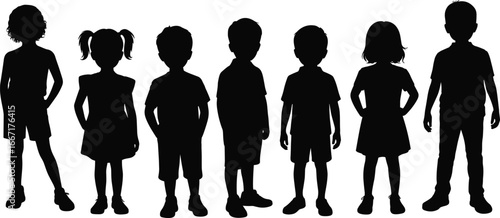 Flat vector illustration of diverse group of standing children, boys and girls silhouette, teamwork, childhood, kids isolated white background