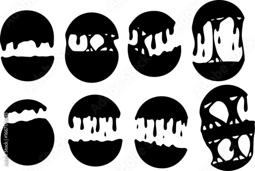Black dripping circle shapes in horror liquid style. Abstract melting balls with creepy silhouette effect.