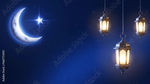 Eid crescent moon – silver crescent moon and star glowing in a deep blue night sky with hanging lanterns animation.
