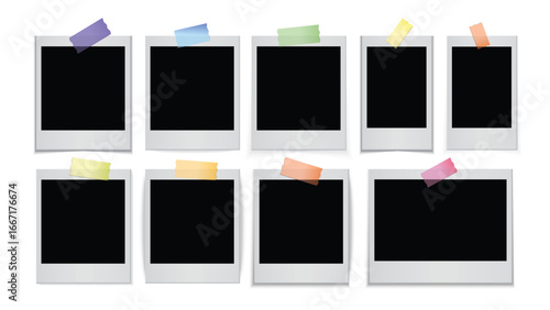 Realistic Polaroid Photo Frame Set with Different Polaroid Sizes – Mini, Square and Wide Blank Retro Instant Picture Templates with Colorful Sticky Tape for Scrapbook, Collage, Album, and Photography