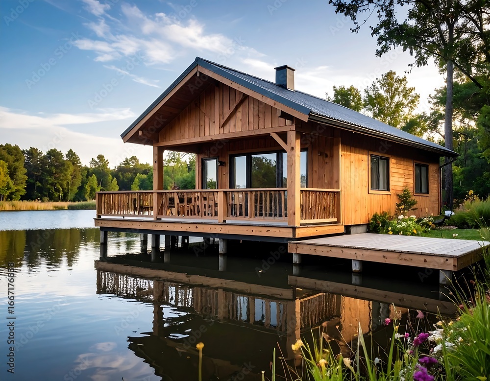Obraz premium Lakeside cabin reflecting in water