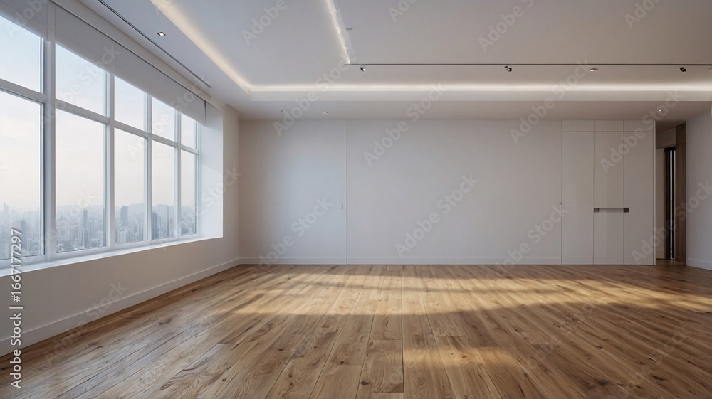 Fototapeta premium Spacious, empty room showcasing modern design with large windows and beautiful hardwood floors.