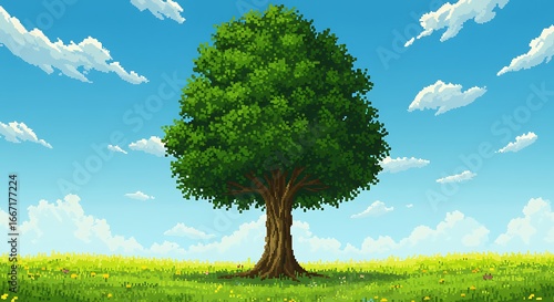 Pixel art of a tall tree with a dense canopy and dark green leaves in a bright countryside setting