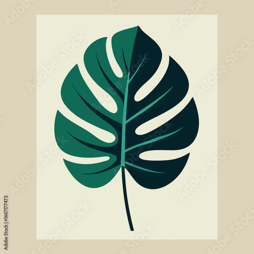 Art of a large, stylized green monstera leaf with distinct fenestrations on a light cream
