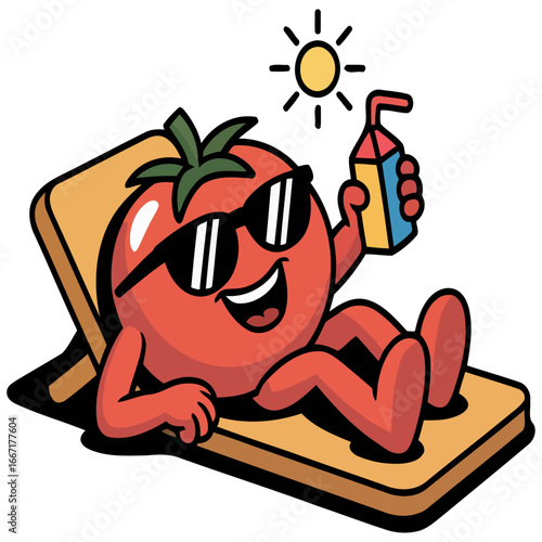 A cartoon tomato wearing sunglasses relaxing on a beach chair with a drink under the sun cartoon