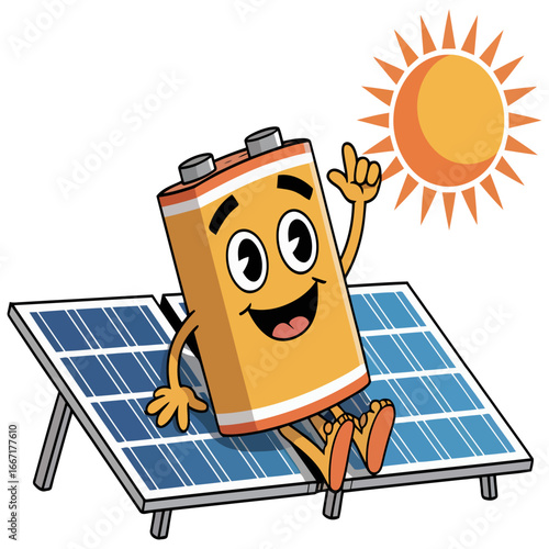 A cartoon battery character sitting on solar panels pointing at a bright yellow sun illustration