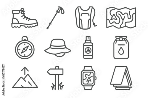 Vector emergency hiking compass repellent watch map hydration icons gear boots icon